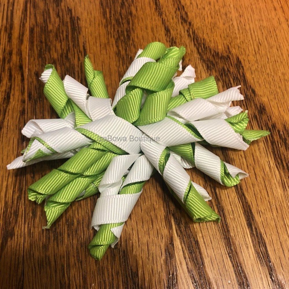 Lime Green & White Korker Bow   (2)  4B2117  Handmade NWT Boutique
